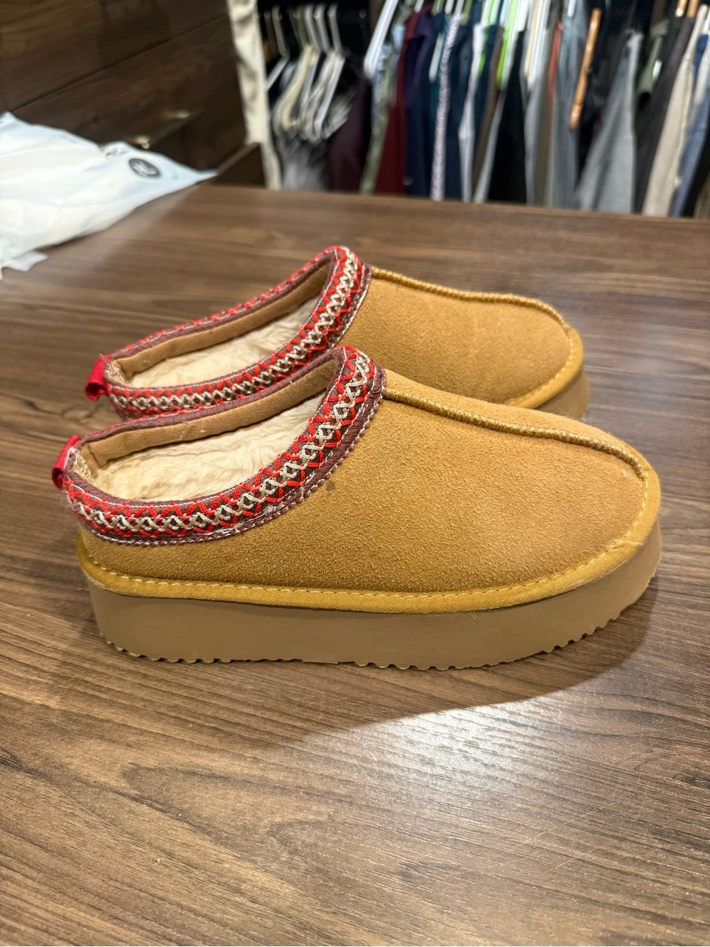 Amazon Women's Cozy Slip-On Slippers in Chestnut with Red Trim